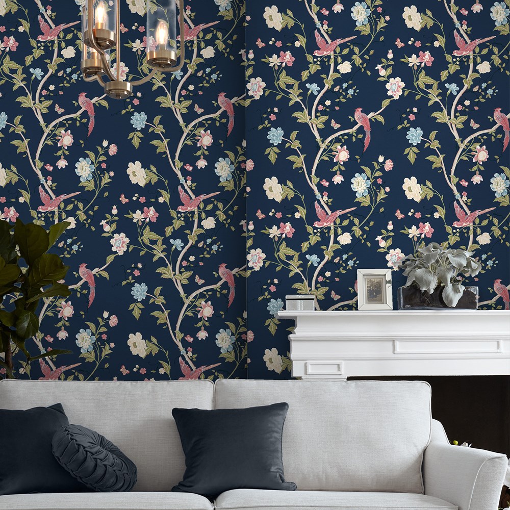 Summer Palace Floral Wallpaper 120133 by Laura Ashley in Midnight Blue